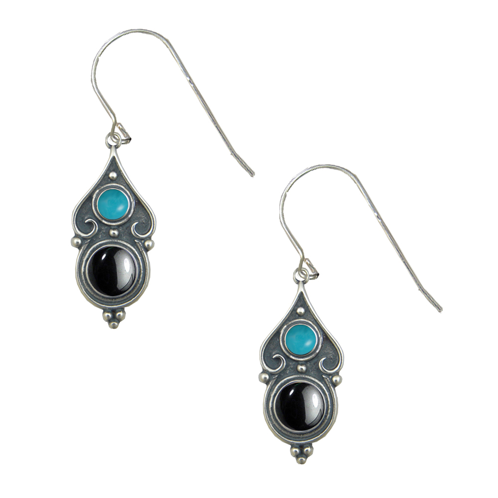 Sterling Silver Designer Post Stud Earrings With Hematite And Turquoise